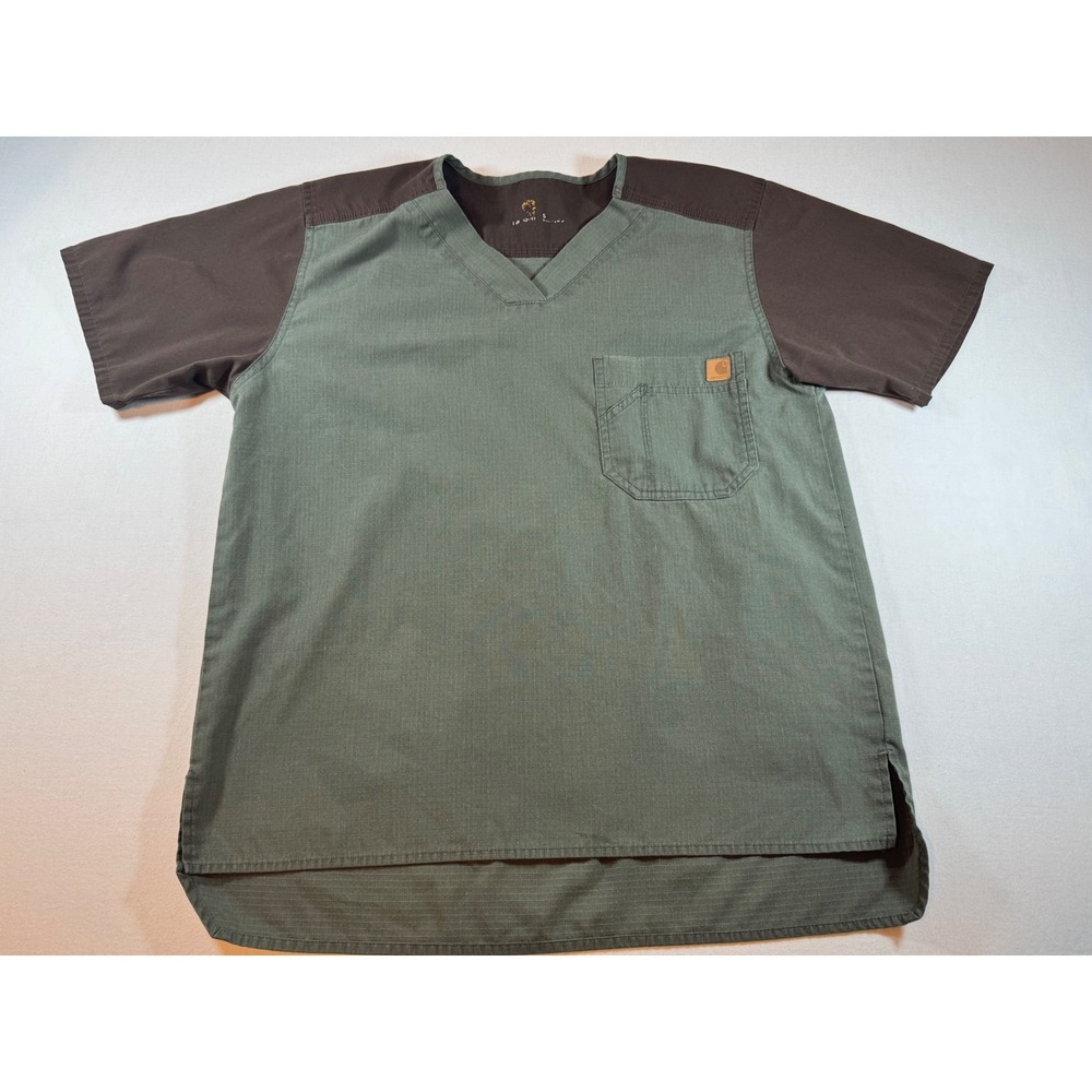 Carhartt Force Mens Scrub Top Small Green Brown Ripstop V-Neck Medical Workwear